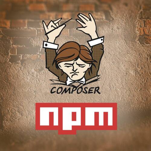 Logo of NPM and Composer in front of a stone wall.