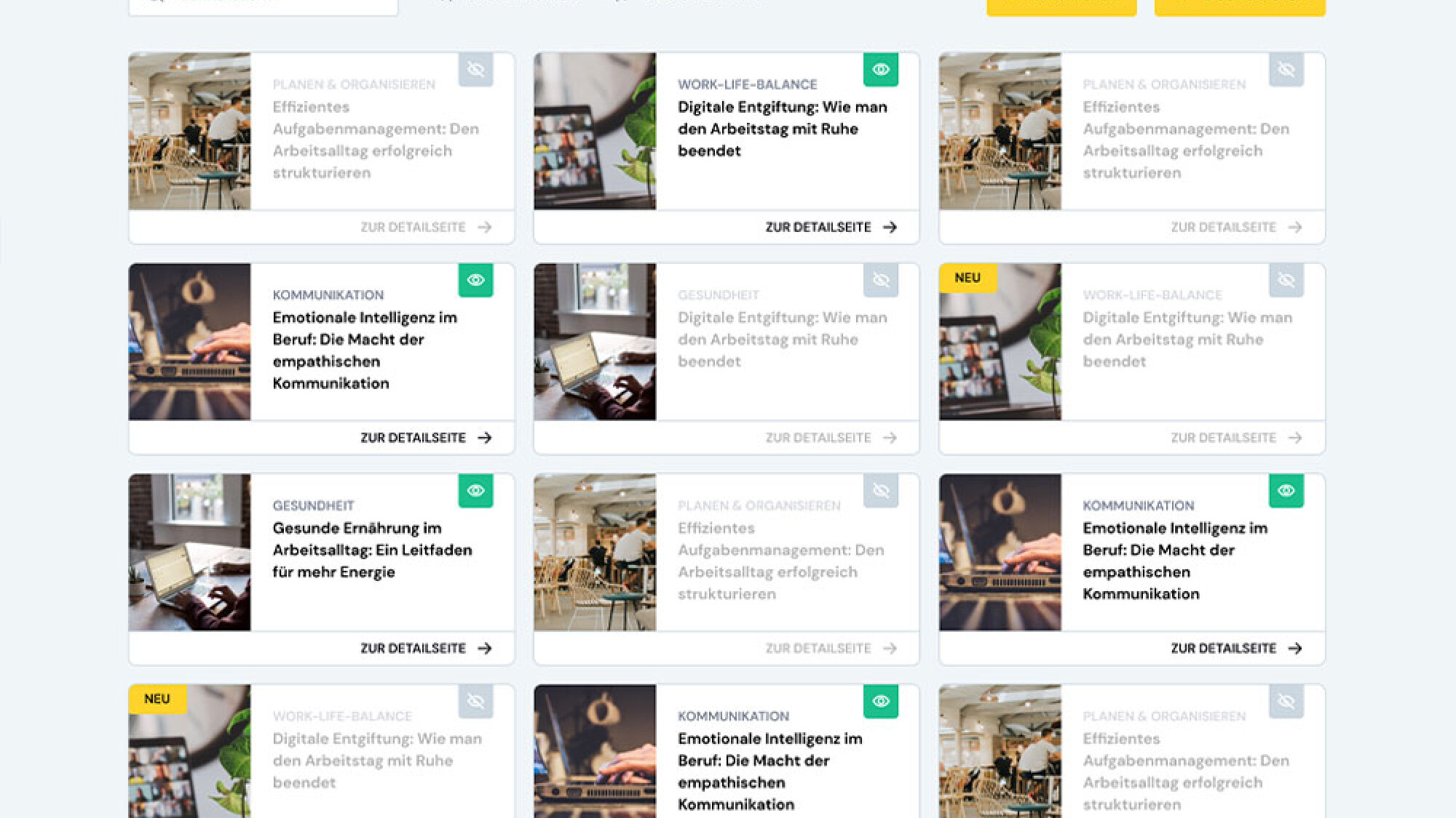 Lernplattform LMS &ndash; Themen&uuml;bersicht im Adminbereich